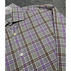 Thomas Dean Shirt Mens Large Purple Brown Plaid Button Front Long Sleeve Cotton